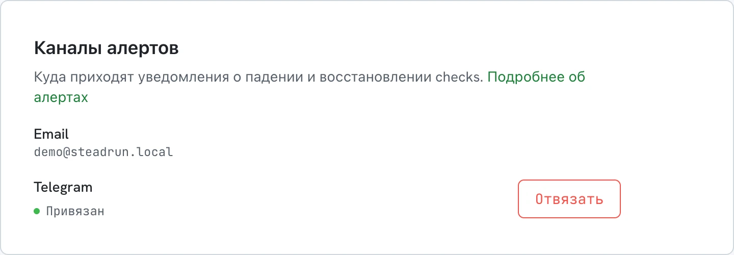 Блок «Каналы алертов» в профиле: почта и Telegram со статусом «Привязан»